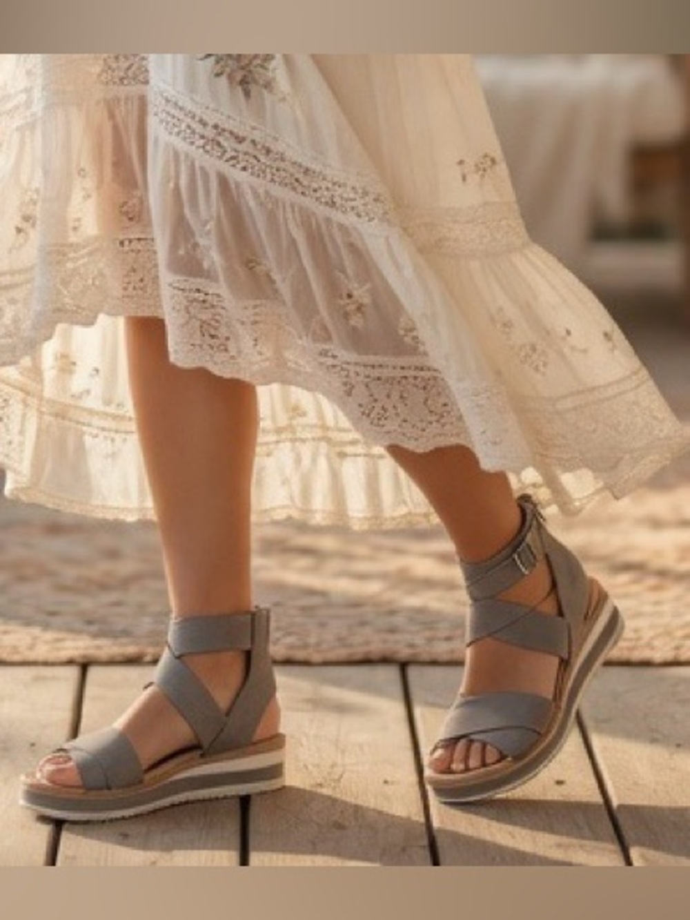 LIFE STRIDE Wedge Ankle-Strap Sandals in Light Gray